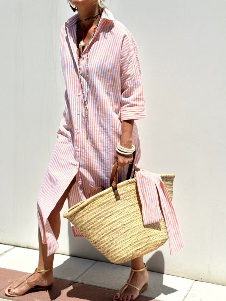 Eaksone - Classic Striped Lace-Up Shirt Dress