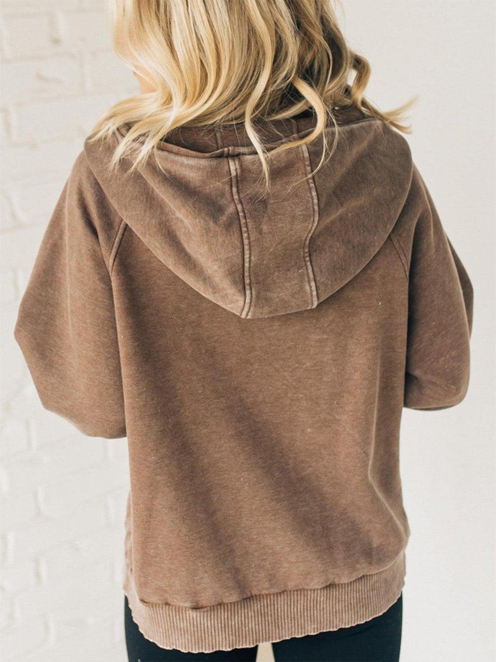 Eaksone - Women's Zip Henley Acid Wash Fleece Hoodie