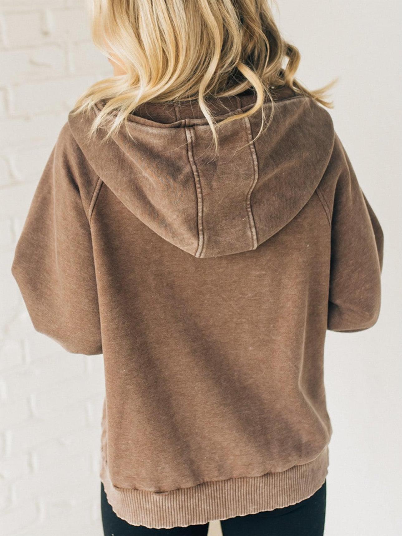 Eaksone - Women's Zip Henley Acid Wash Fleece Hoodie