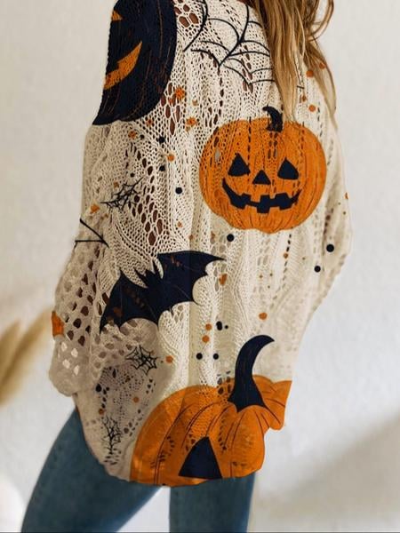 Eaksone - Women's Halloween Pumpkin Print Long Sleeve Knit Top