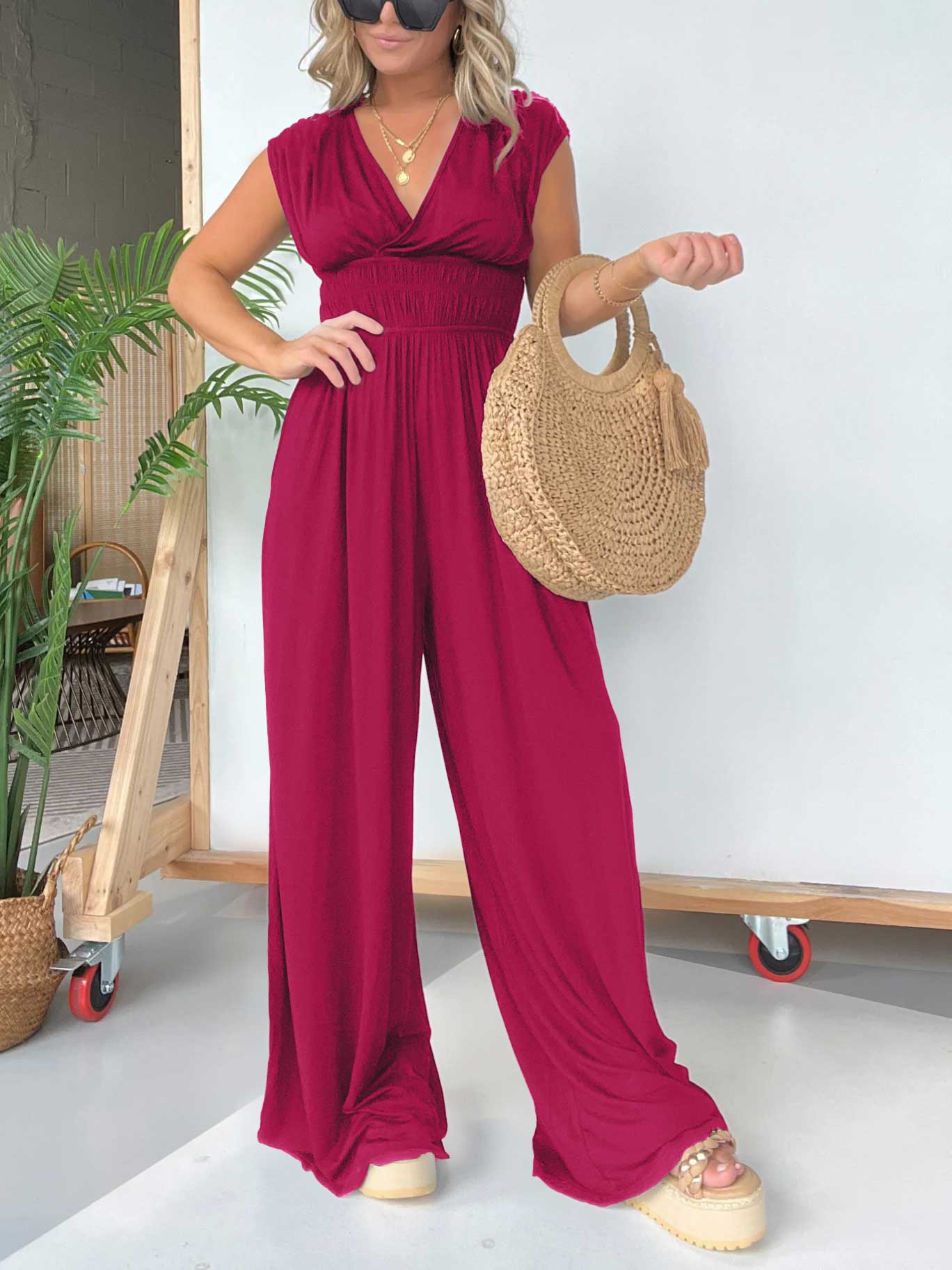 Eaksone - V-Neckline Wide Leg Jumpsuit with Adjustable Back Tie