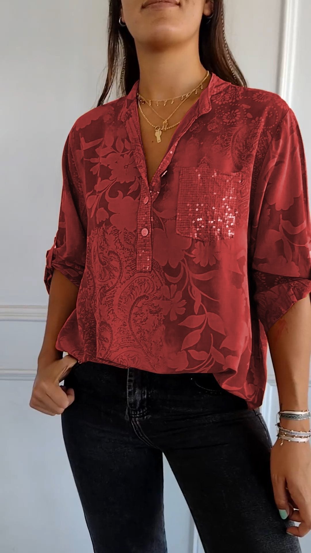Eaksone - V-neck Half-button Printed Top