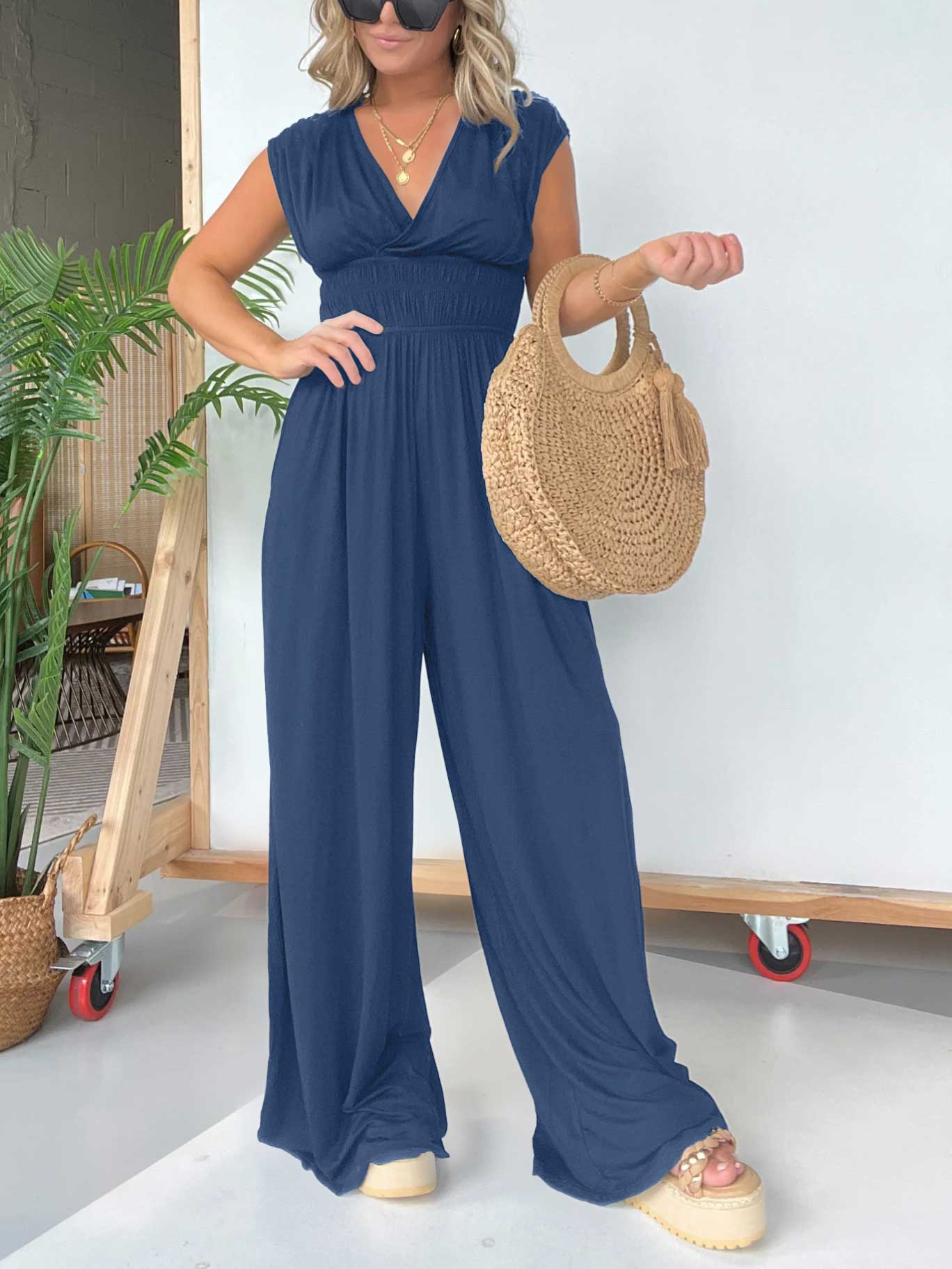 Eaksone - V-Neckline Wide Leg Jumpsuit with Adjustable Back Tie