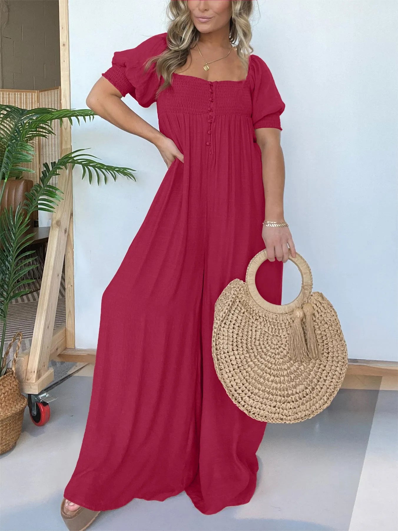 Eaksone - Square Neckline Jumpsuit With Smocked Bodice Button