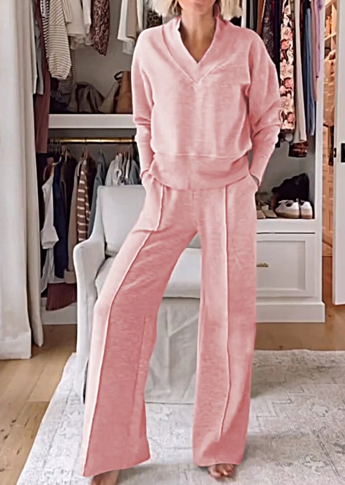 Eaksone - Women's Solid V-Neck Two-Piece Set