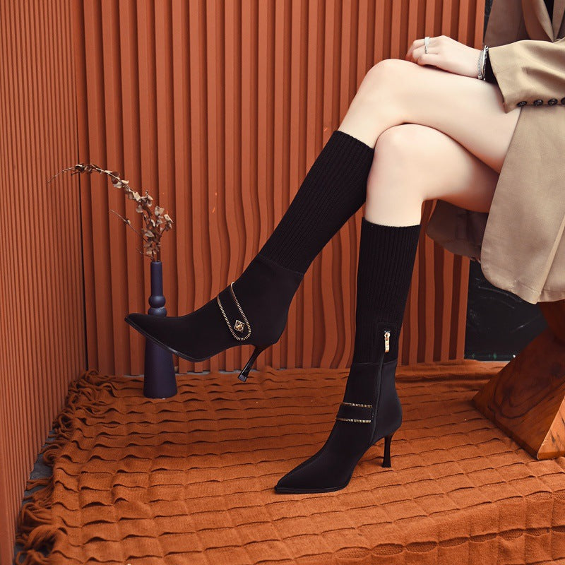 Eaksone - Knitted Long Lointed Toe Stiletto Boots