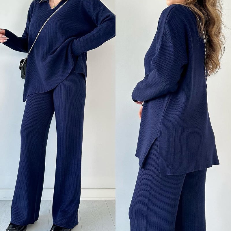 Eaksone - V-neck casual slit knitted two-piece set