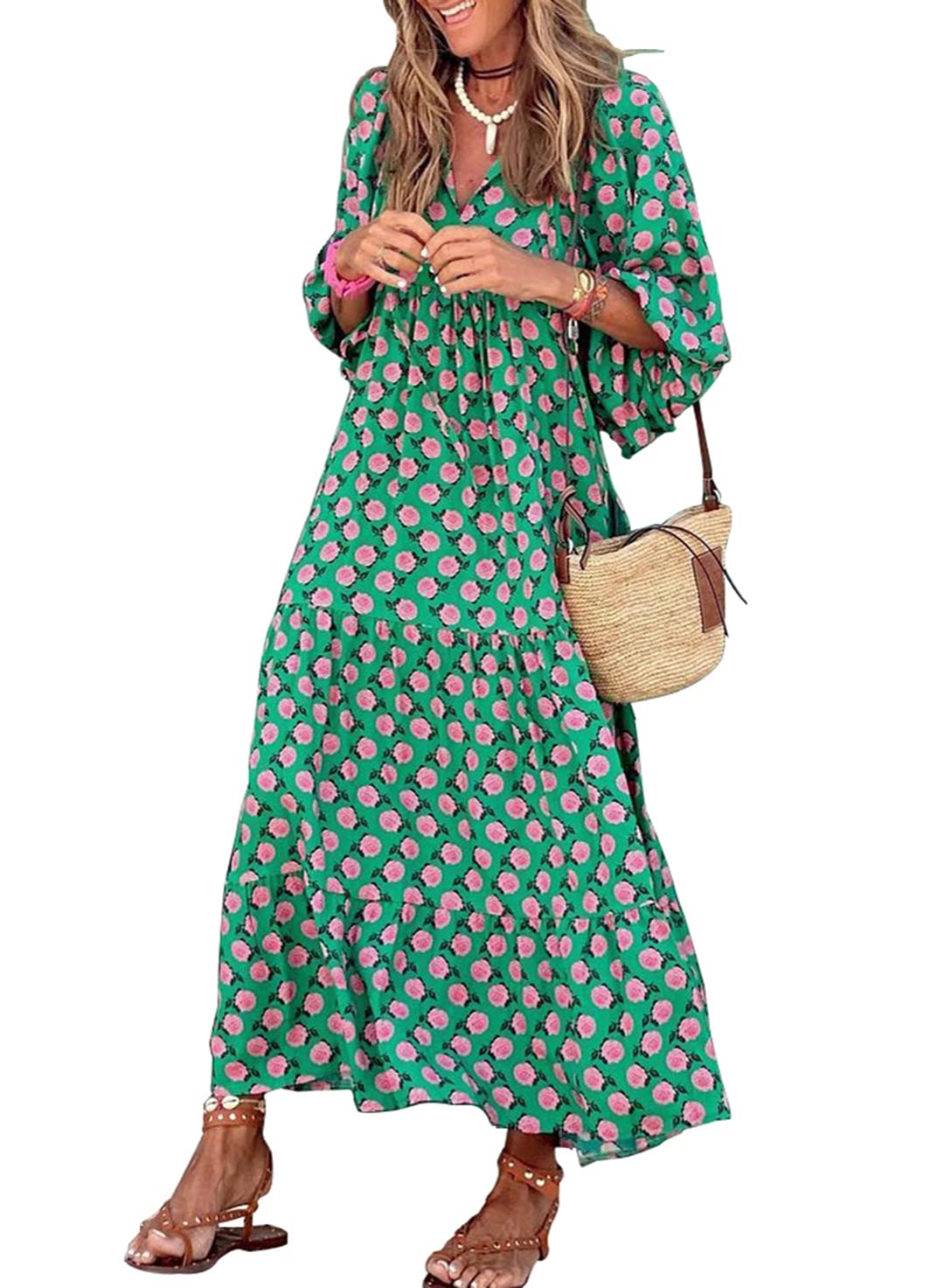 Eaksone - Women's Puff Sleeve Floral Boho Maxi Dress