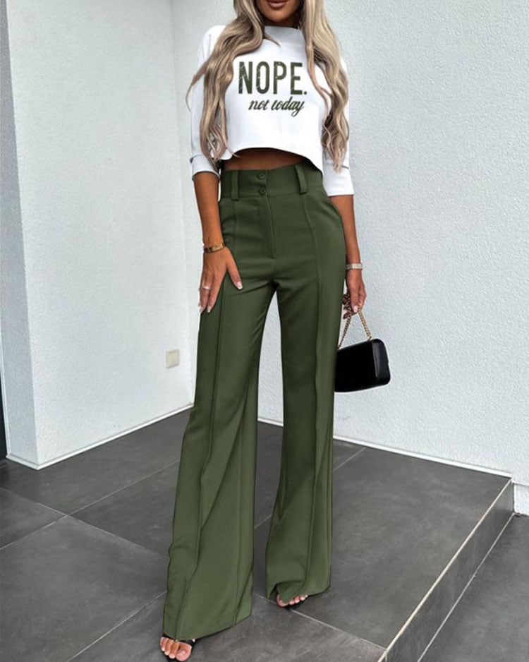 Eaksone - Fashionable solid color high waisted straight pants suit