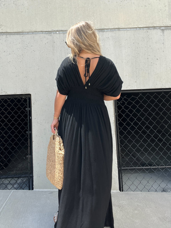 Eaksone - Slit V-Neck Effortless Maxi Long DreSS