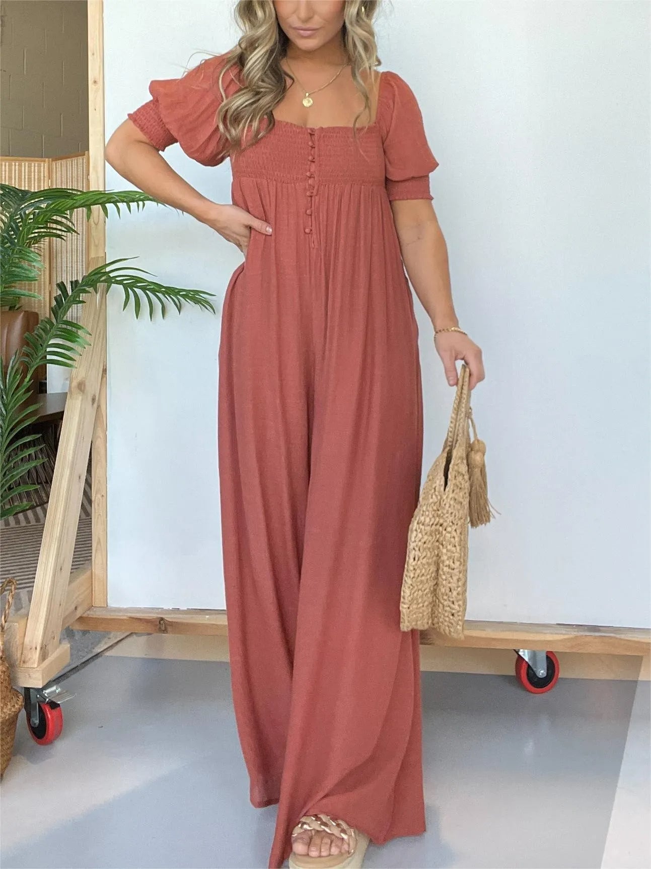 Eaksone - Square Neckline Jumpsuit With Smocked Bodice Button