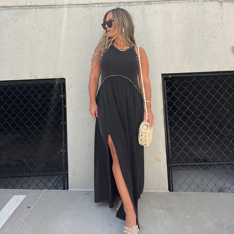 Eaksone - Slit Casual Simple Loose Maxi Long Dress