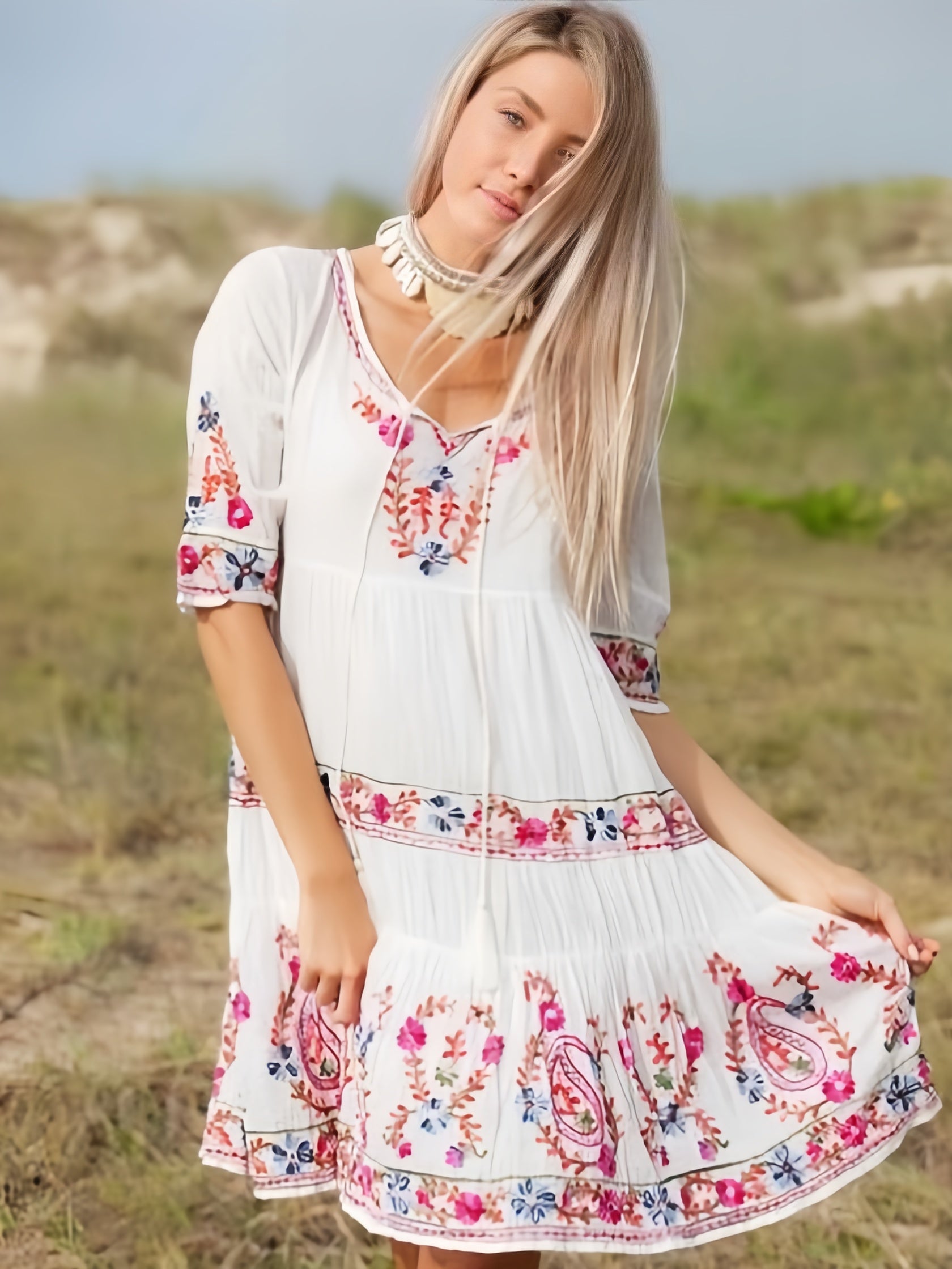 White Floral Paisley Embroidered Waisted Three-Layer Loose Beach Sundress