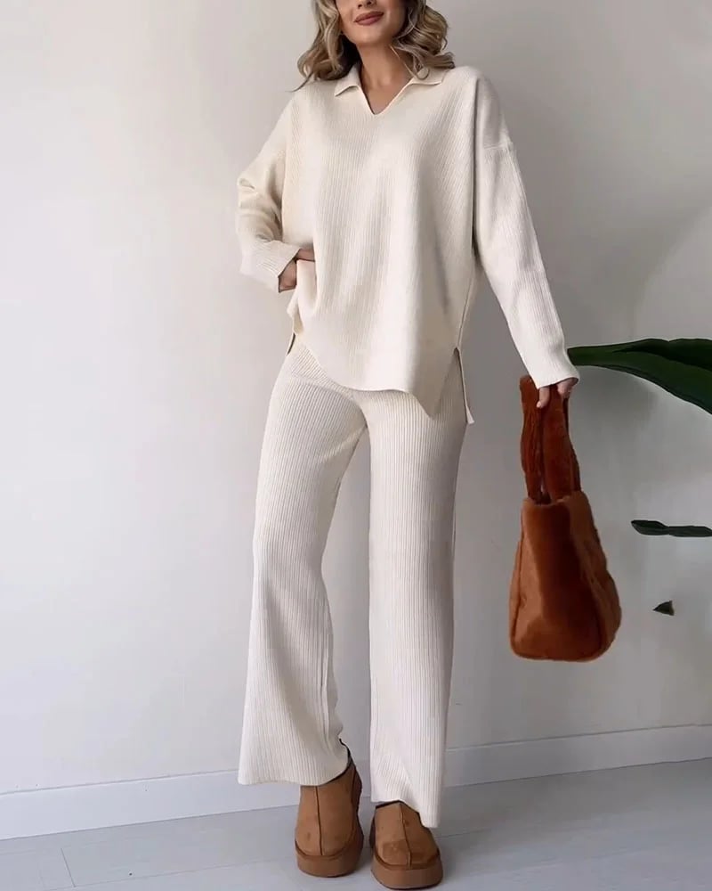 Eaksone - V-neck casual slit knitted two-piece set