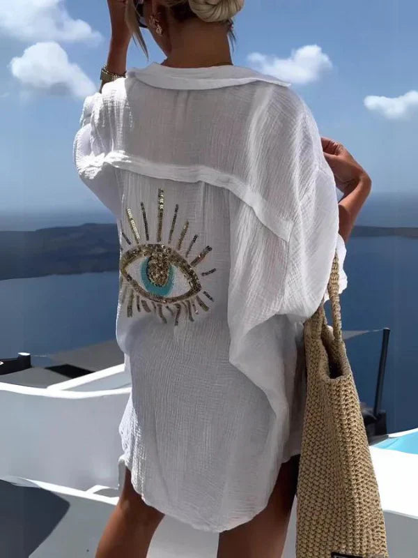 Eaksone - Evil Eye Casual Sequin Beaded Shirt