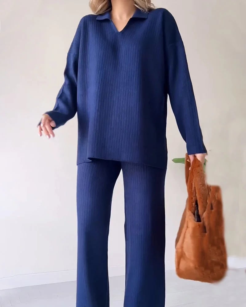 Eaksone - V-neck casual slit knitted two-piece set