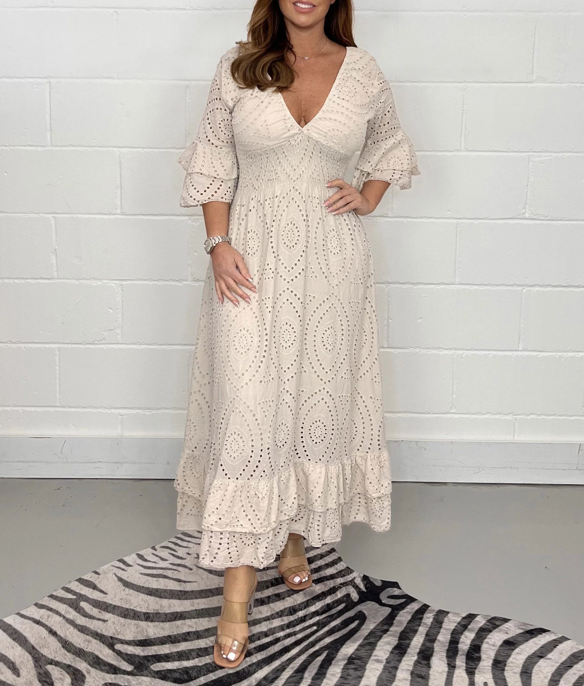 Eaksone - Embroidery Frill Sleeve Midi Dress