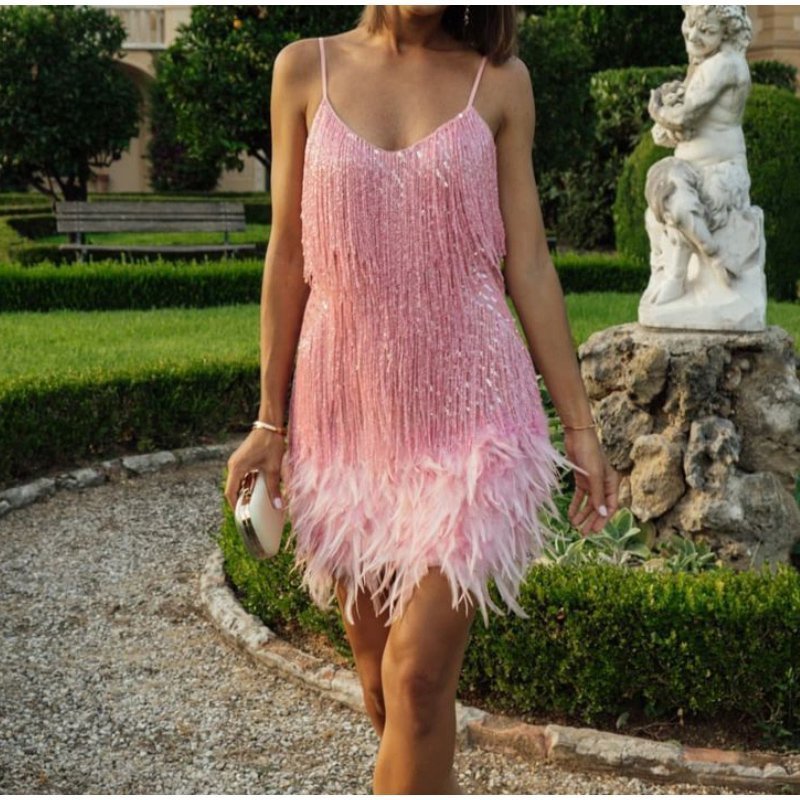 Eaksone - Women's Feather Fringe Sequin Spaghetti Strap Dress
