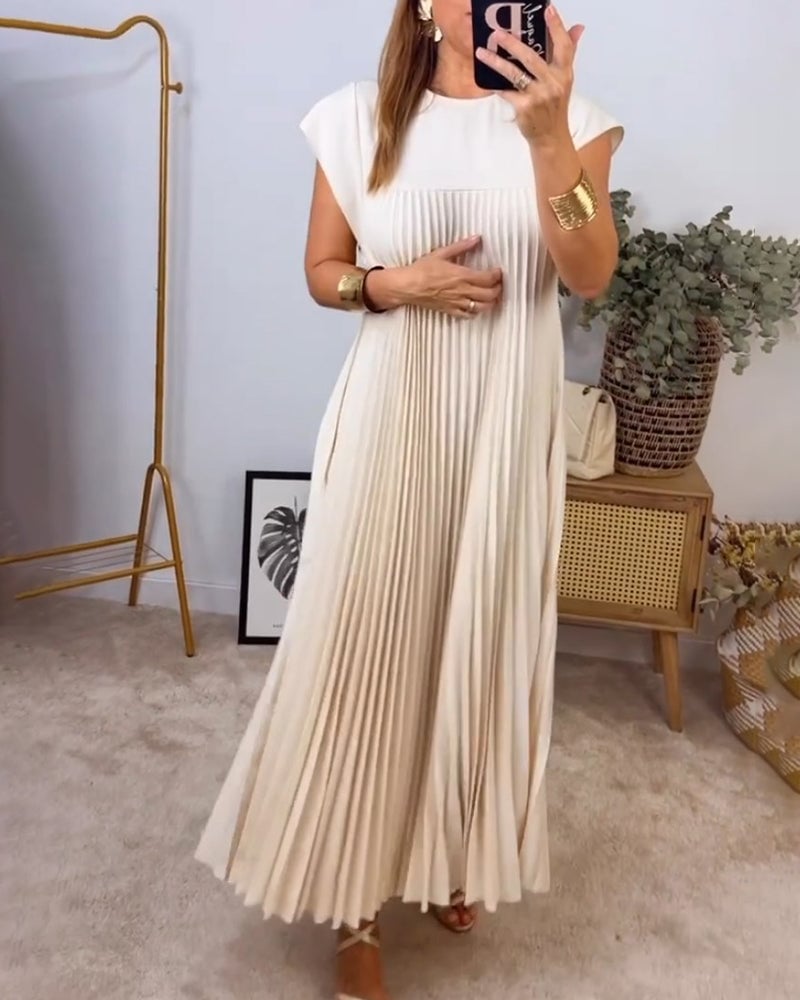 Eaksone - Women Pleated Simple Solid Color Dress