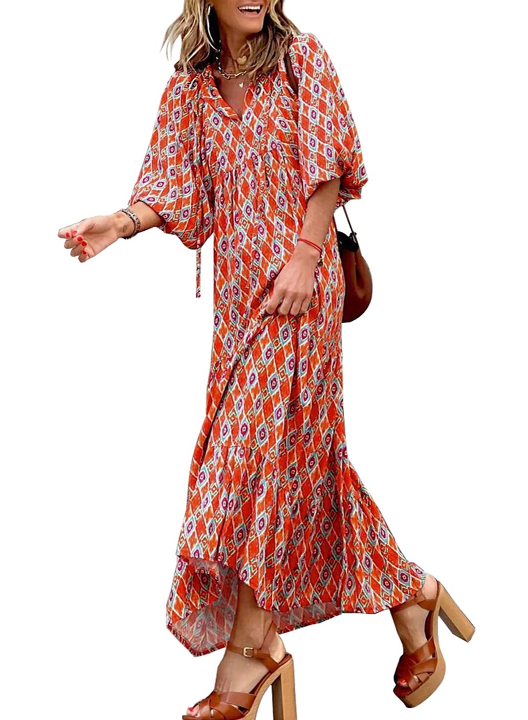 Eaksone - Women's Puff Sleeve Floral Boho Maxi Dress