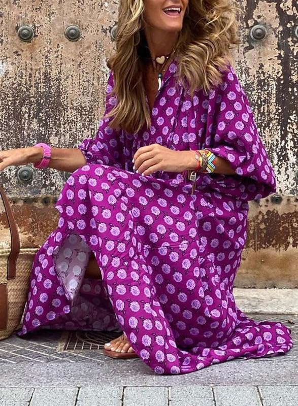 Eaksone - Women's Puff Sleeve Floral Boho Maxi Dress