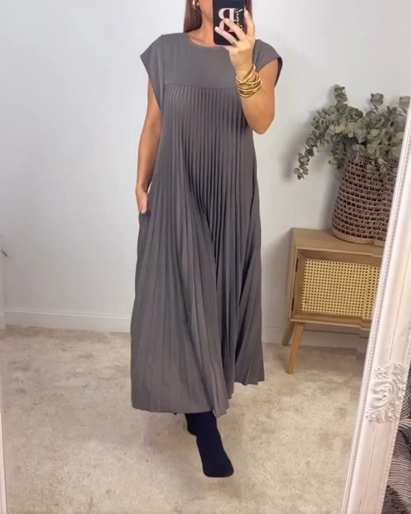 Eaksone - Women Pleated Simple Solid Color Dress