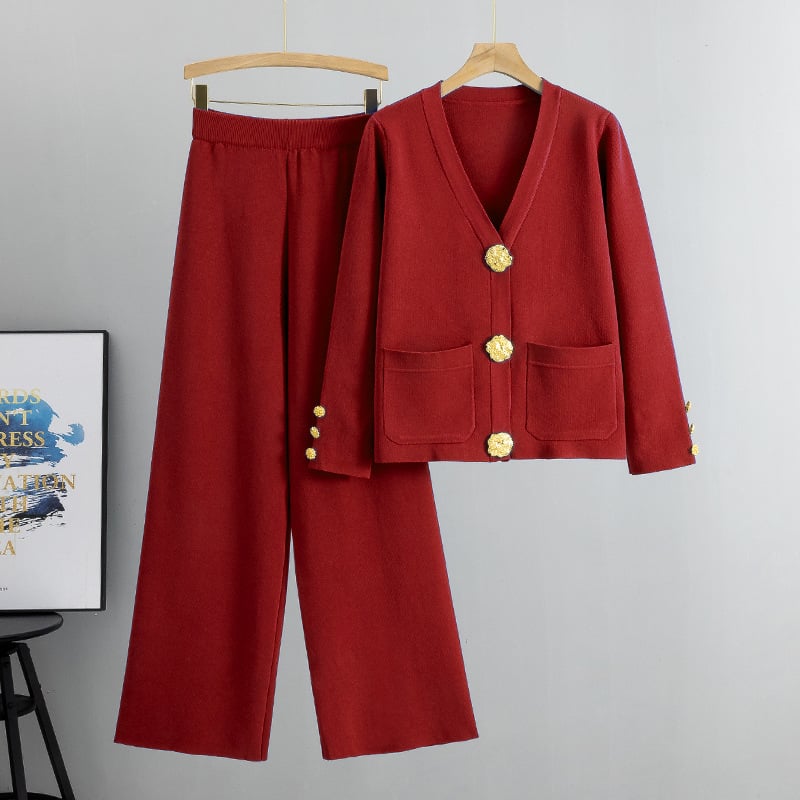Eaksone - metal button wool sweater wide-leg pants suits