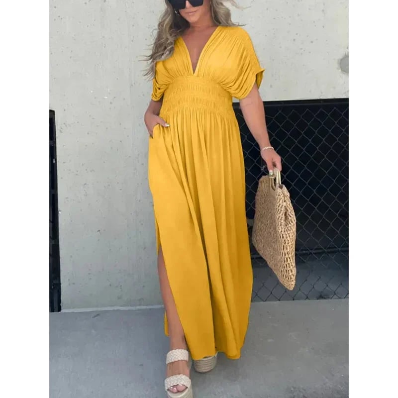 Eaksone - Slit V-neck casual long dress