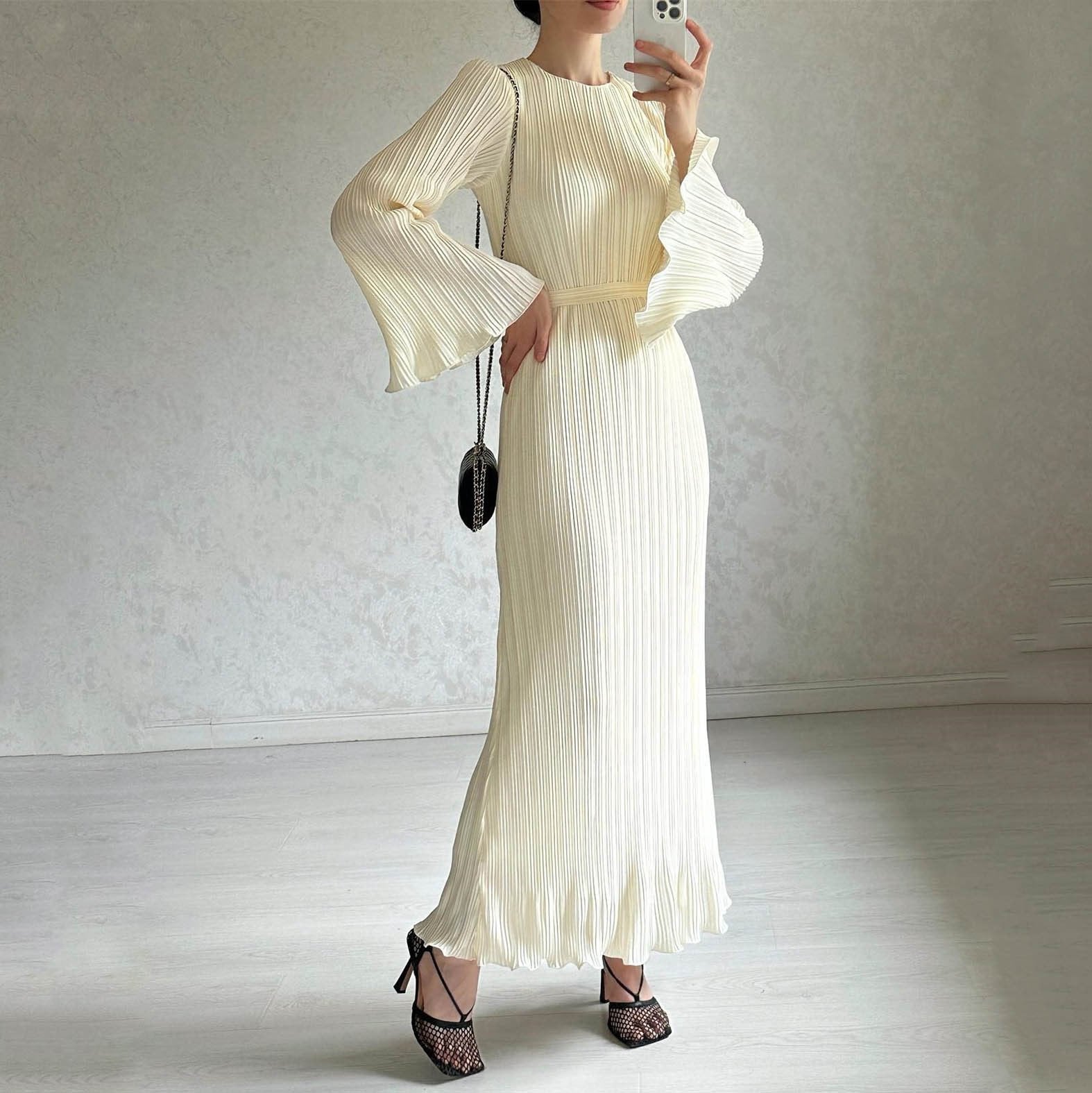 Eaksone - Pleated Bell Sleeve Maxi Dress
