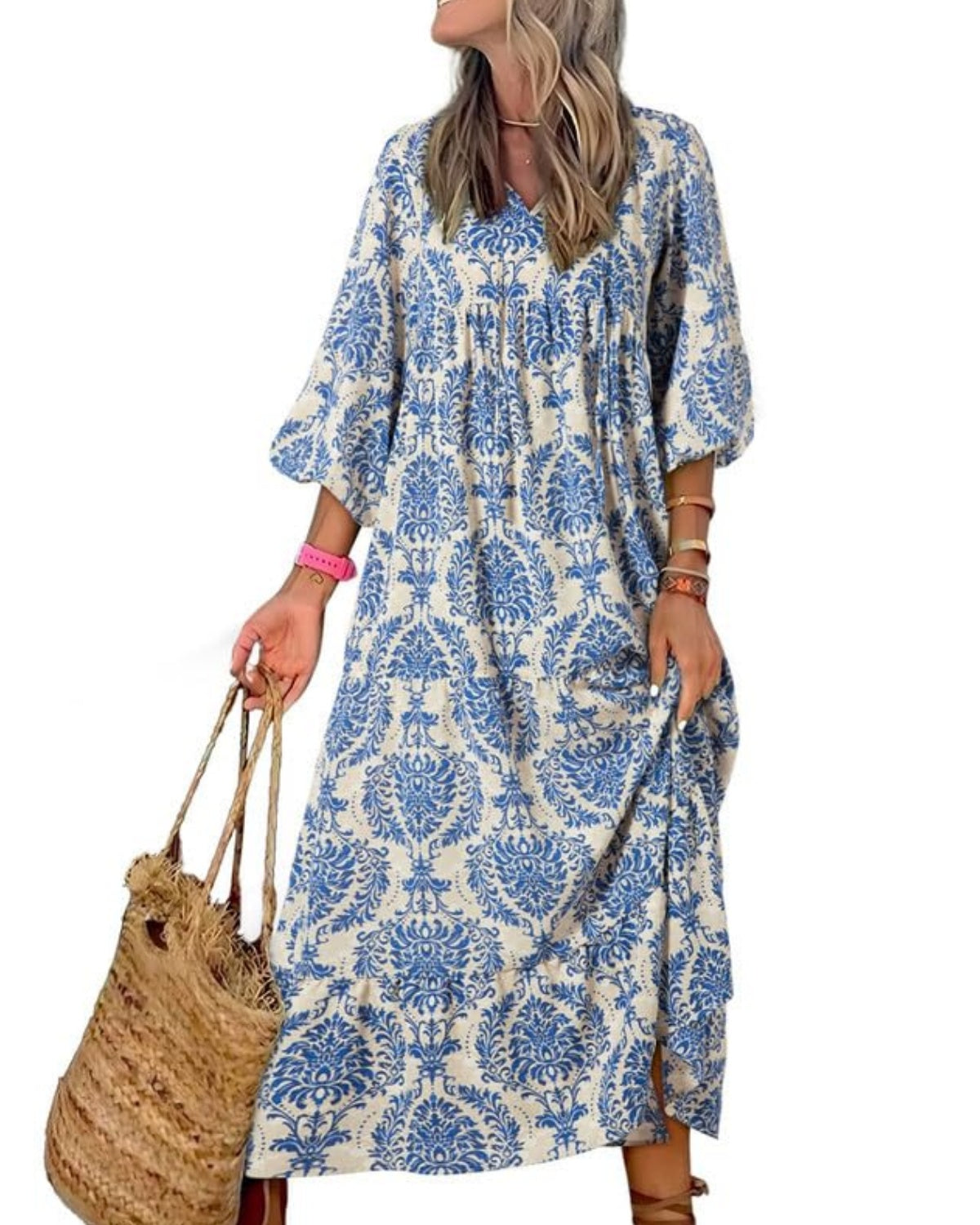 Eaksone - Women's Puff Sleeve Floral Boho Maxi Dress