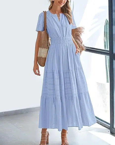 Eaksone - v-neck pleated puff sleeve dress black