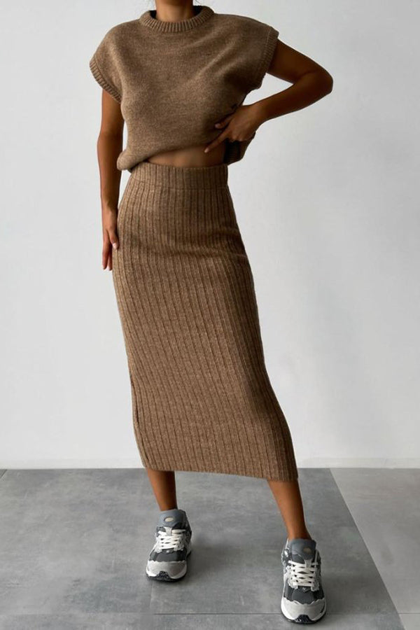 Eaksone - Knit Short Sleeve Sweater and Stretch Ribbed Midi Skirt Set