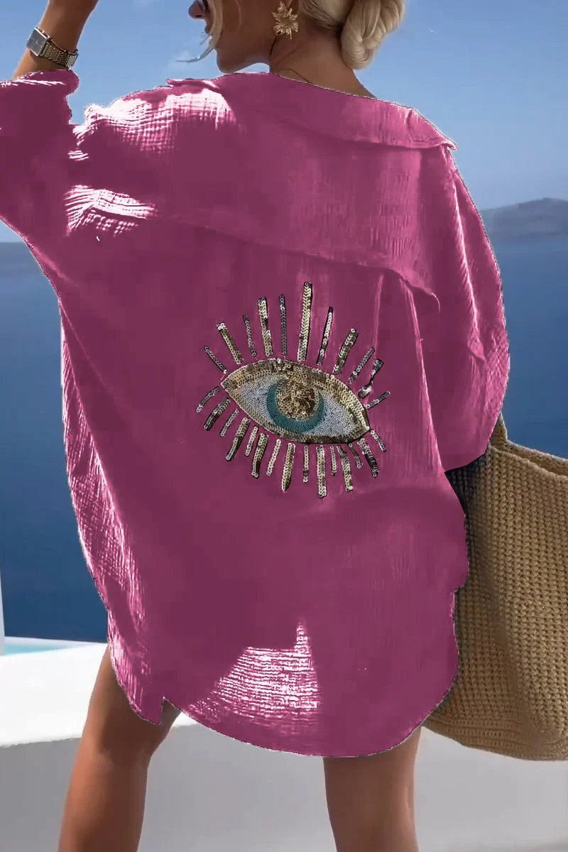 Eaksone - Evil Eye Casual Sequin Beaded Shirt