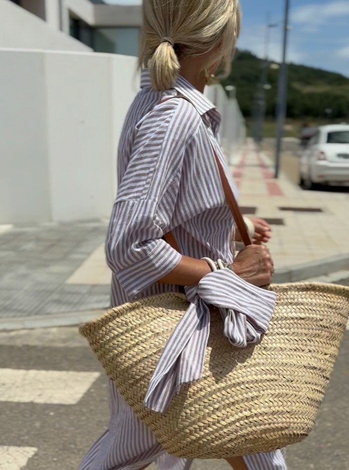 Eaksone - Classic Striped Lace-Up Shirt Dress