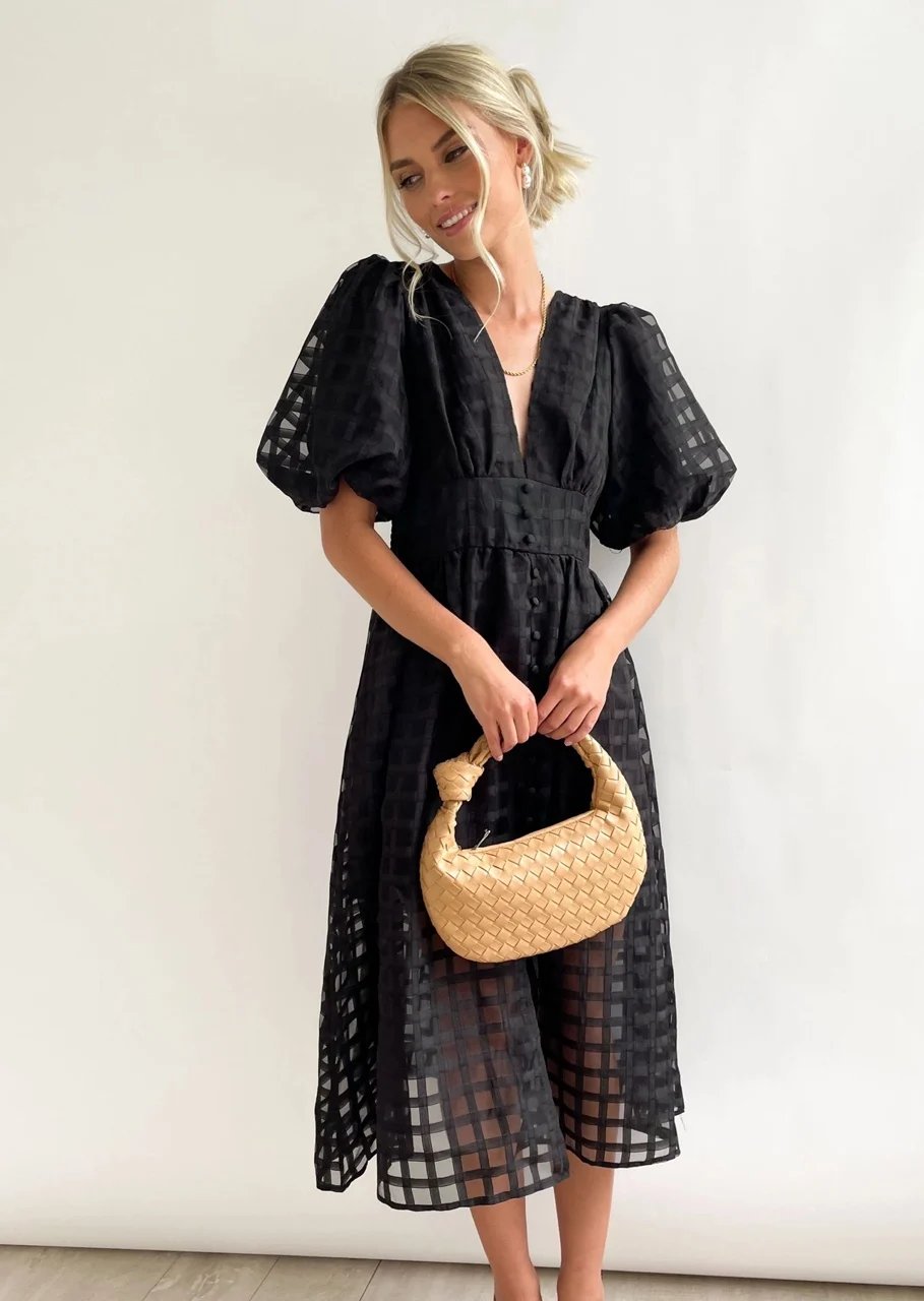 Eaksone - Beautiful square pattern fabric puff sleeve midi