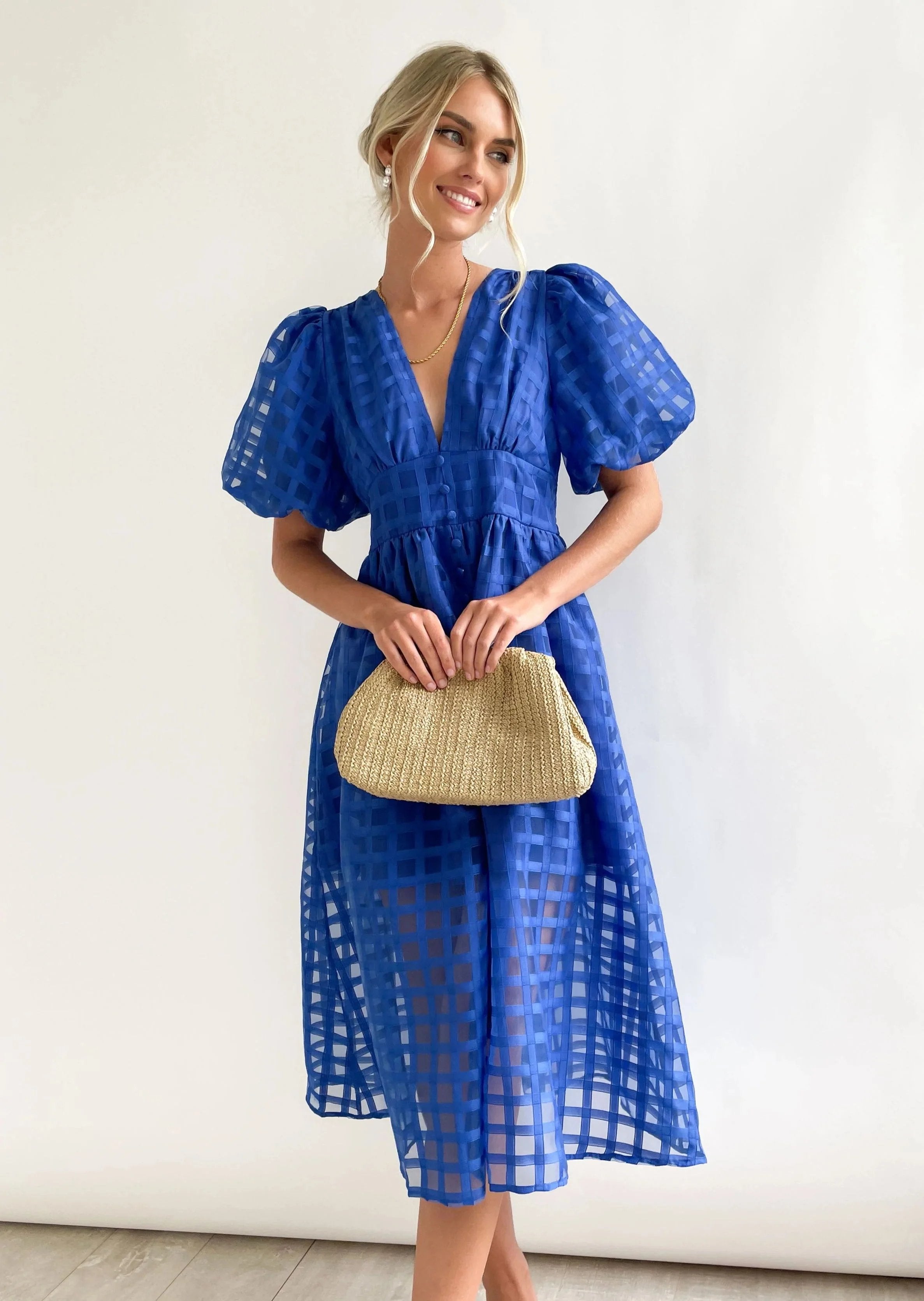 Eaksone - Beautiful square pattern fabric puff sleeve midi