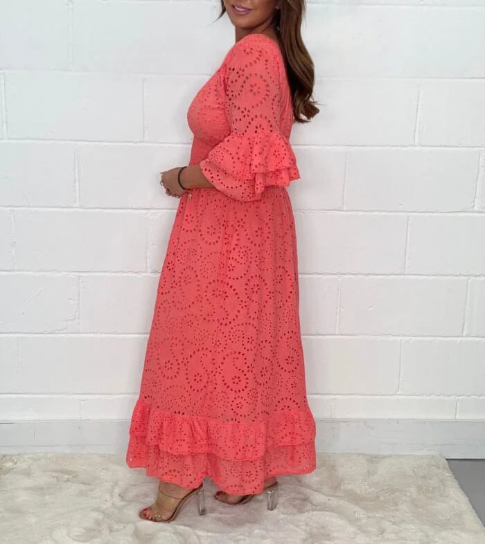 Eaksone - Embroidery Frill Sleeve Midi Dress