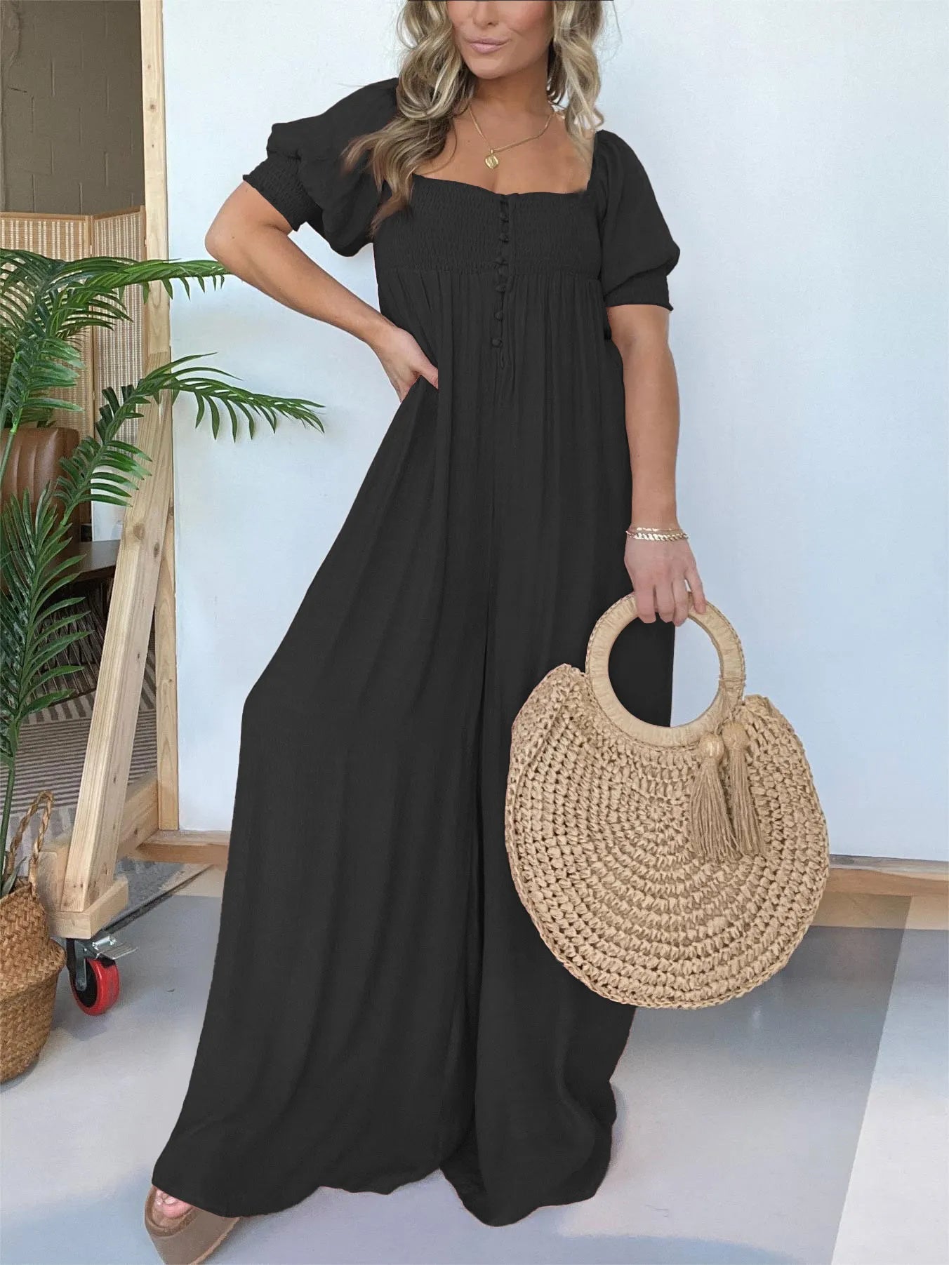 Eaksone - Square Neckline Jumpsuit With Smocked Bodice Button