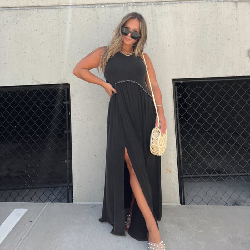 Eaksone - Slit Casual Simple Loose Maxi Long Dress