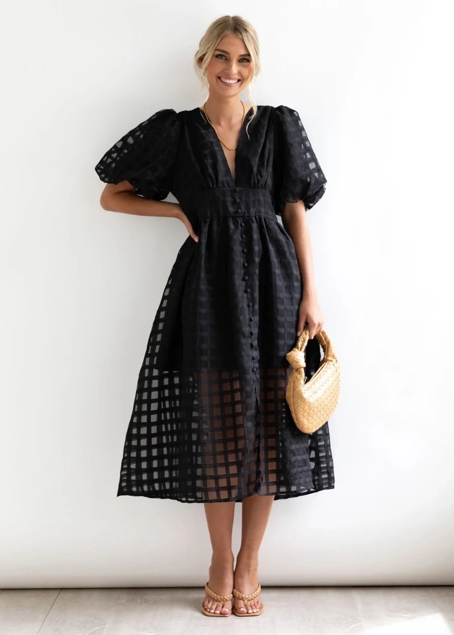 Eaksone - Beautiful square pattern fabric puff sleeve midi
