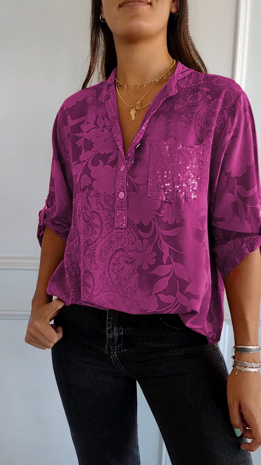 Eaksone - V-neck Half-button Printed Top