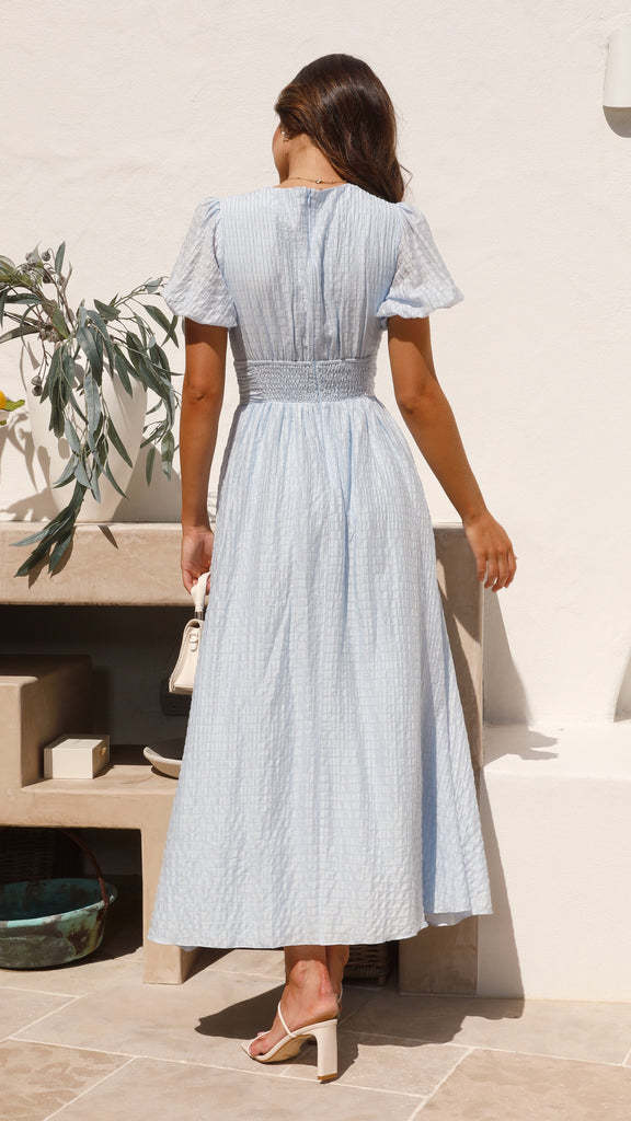 Eaksone - Rustic V Neck Button Zip Pleated Slit Puff Sleeve Maxi Dress