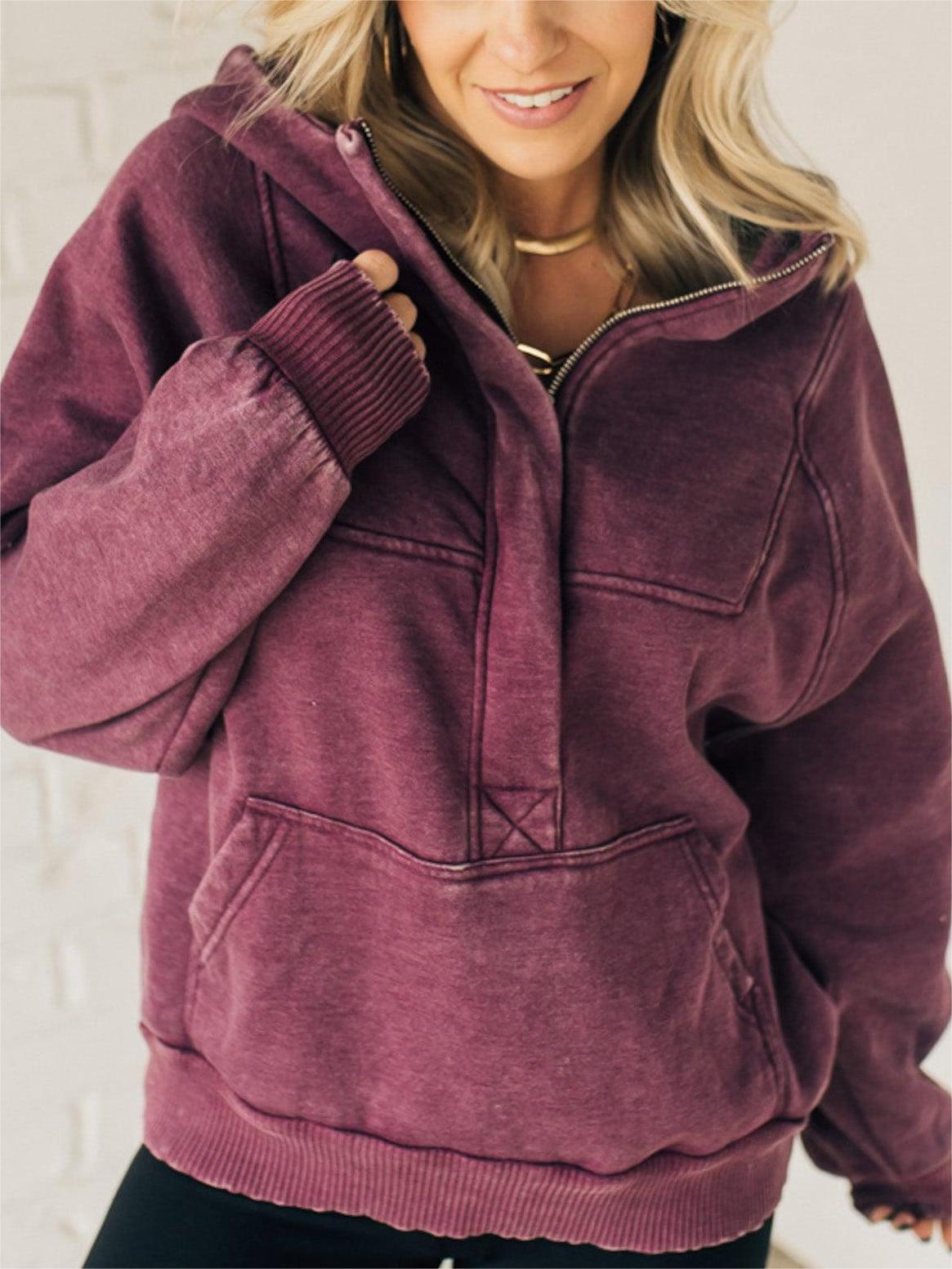 Eaksone - Women's Zip Henley Acid Wash Fleece Hoodie