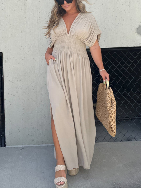 Eaksone - Slit V-Neck Effortless Maxi Long DreSS
