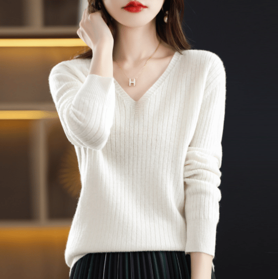 Eaksone - V-Neck Pullover Long Sleeve Solid Color Cashmere Sweater