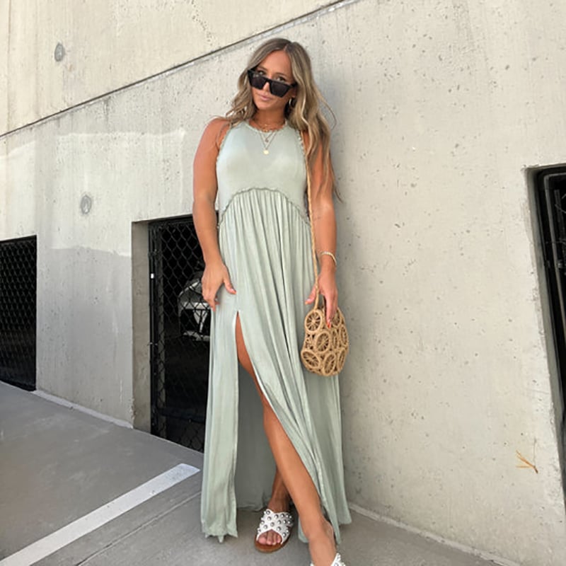 Eaksone - Slit Casual Simple Loose Maxi Long Dress