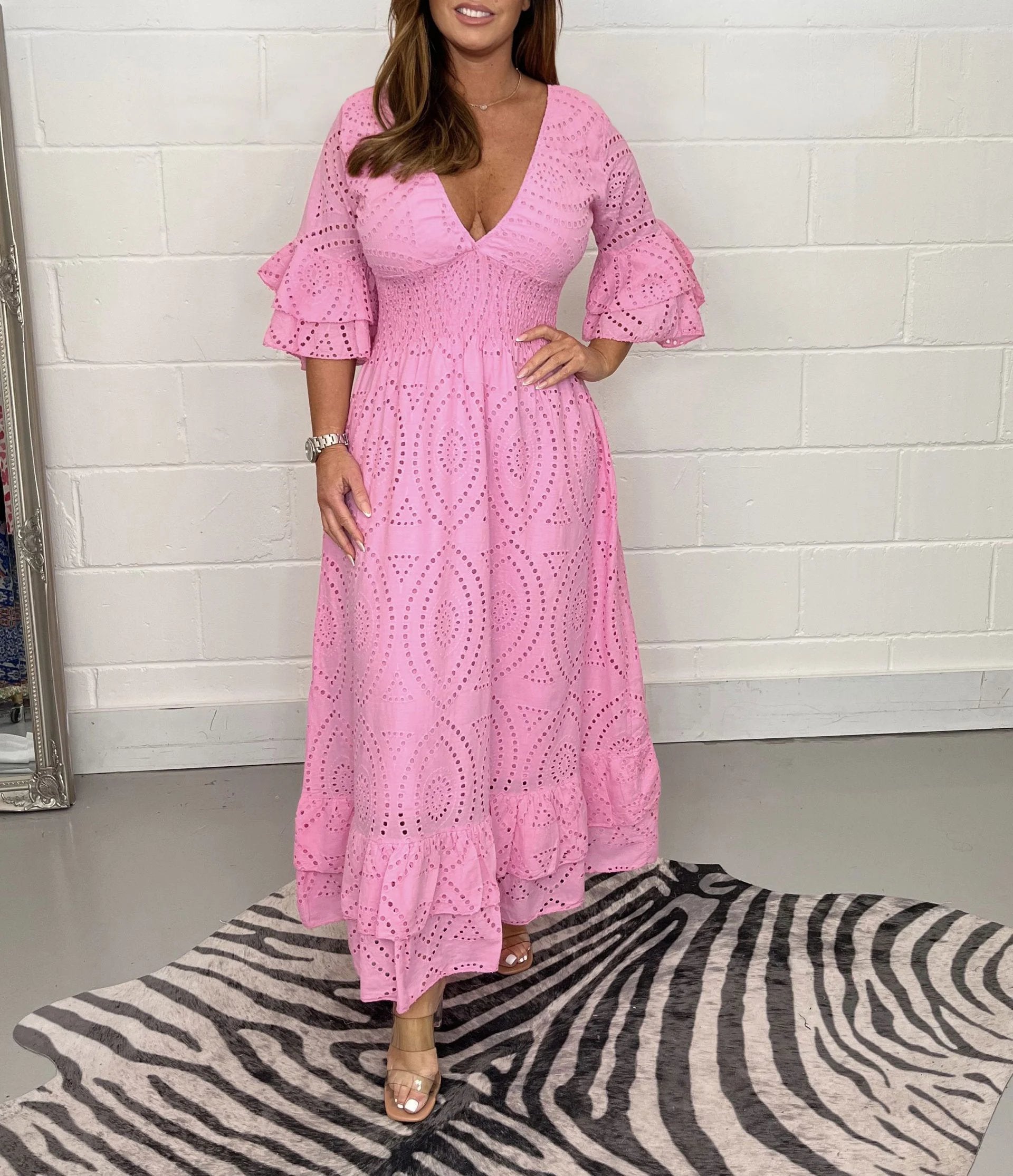 Eaksone - Embroidery Frill Sleeve Midi Dress