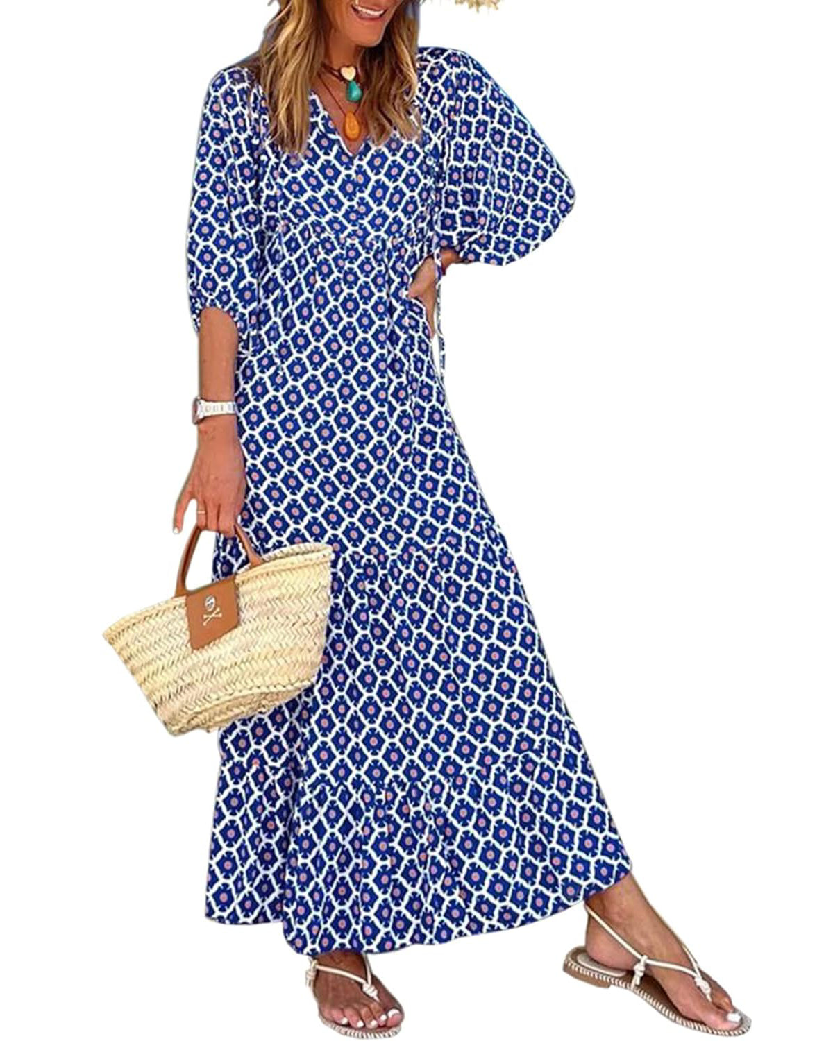 Eaksone - Women's Puff Sleeve Floral Boho Maxi Dress