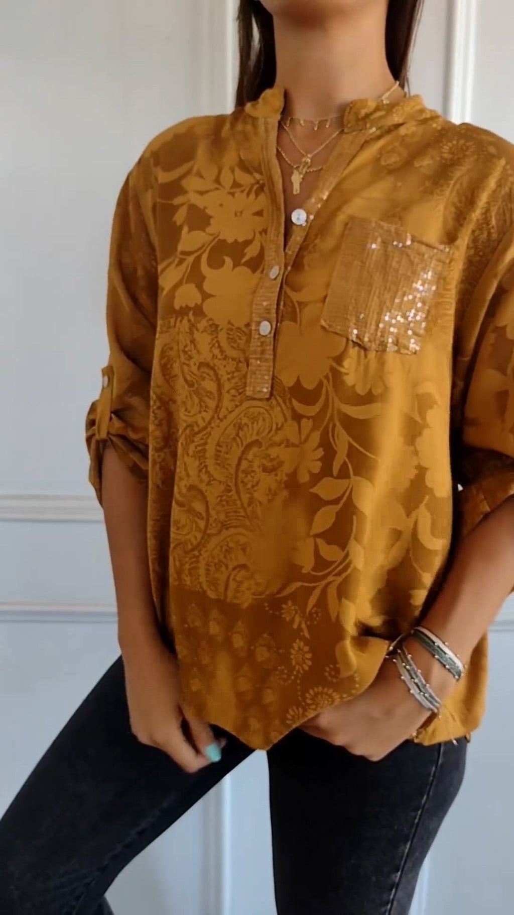 Eaksone - V-neck Half-button Printed Top