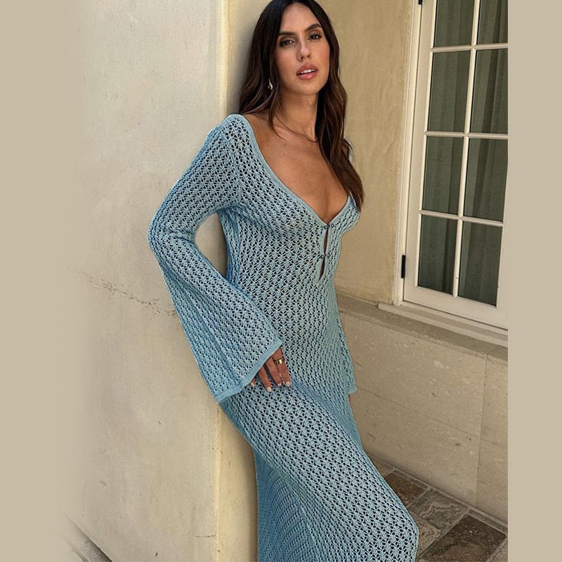 Eaksone - Crochet Fishtail Flare Sleeve Maxi Dress